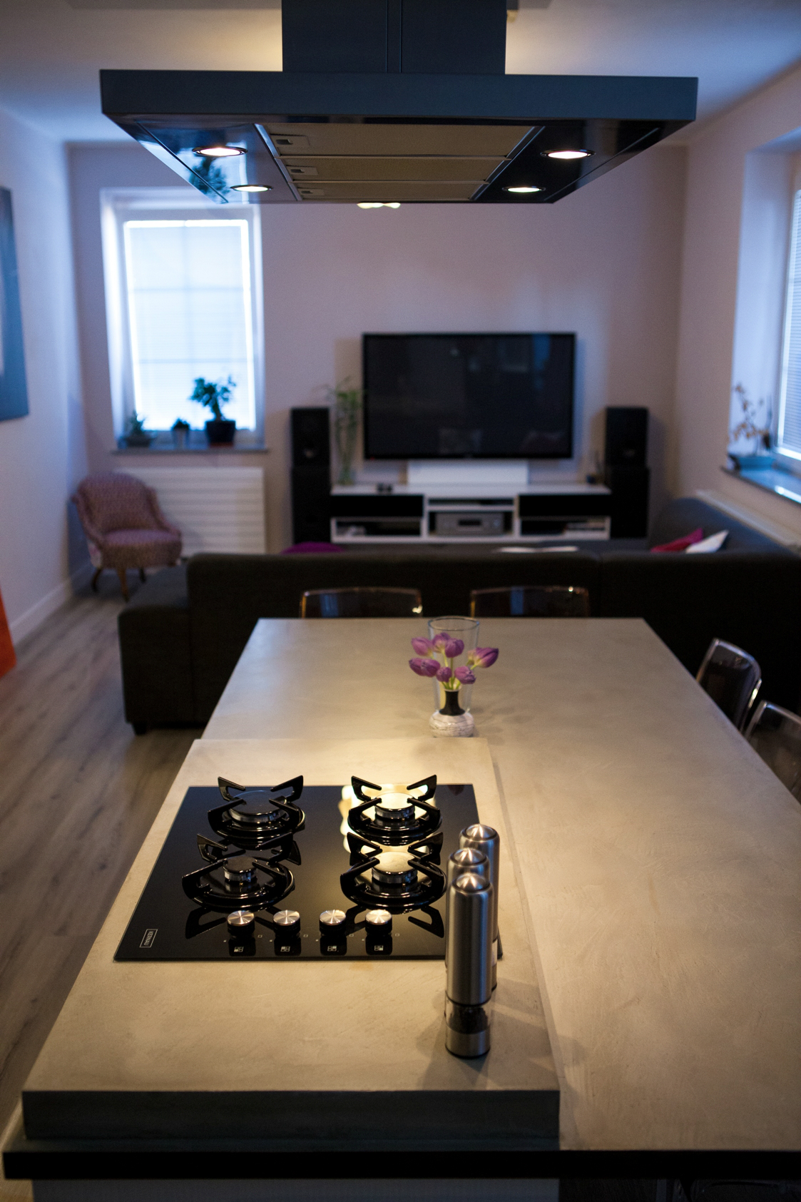 Barbora Sacher: Kuchyň pod schody, Pohled od varné desky k sedací části s velkou pohovkou a obří TV